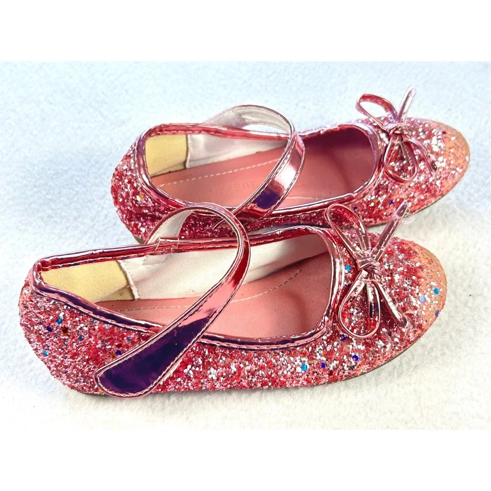Jiaduowang Girls Pink Glitter Mary Jane Flats Bow Dress Shoes Size 28 US 11